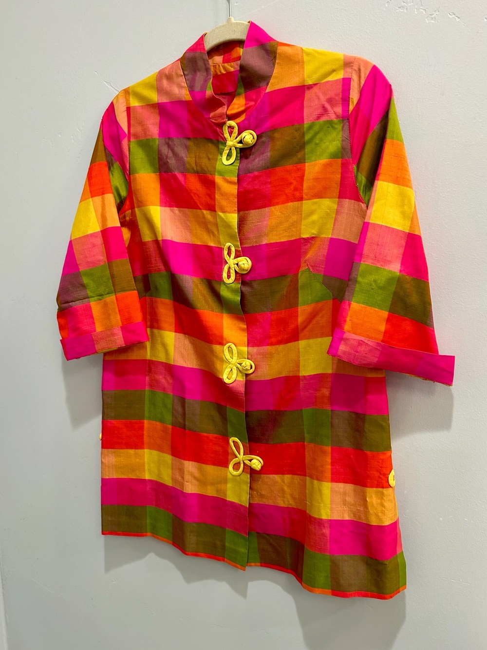 Vintage 60s Plaid Raw Silk Cheongsam Mandarin Collar Tunic Top Frog Closure - Picture 3 of 14